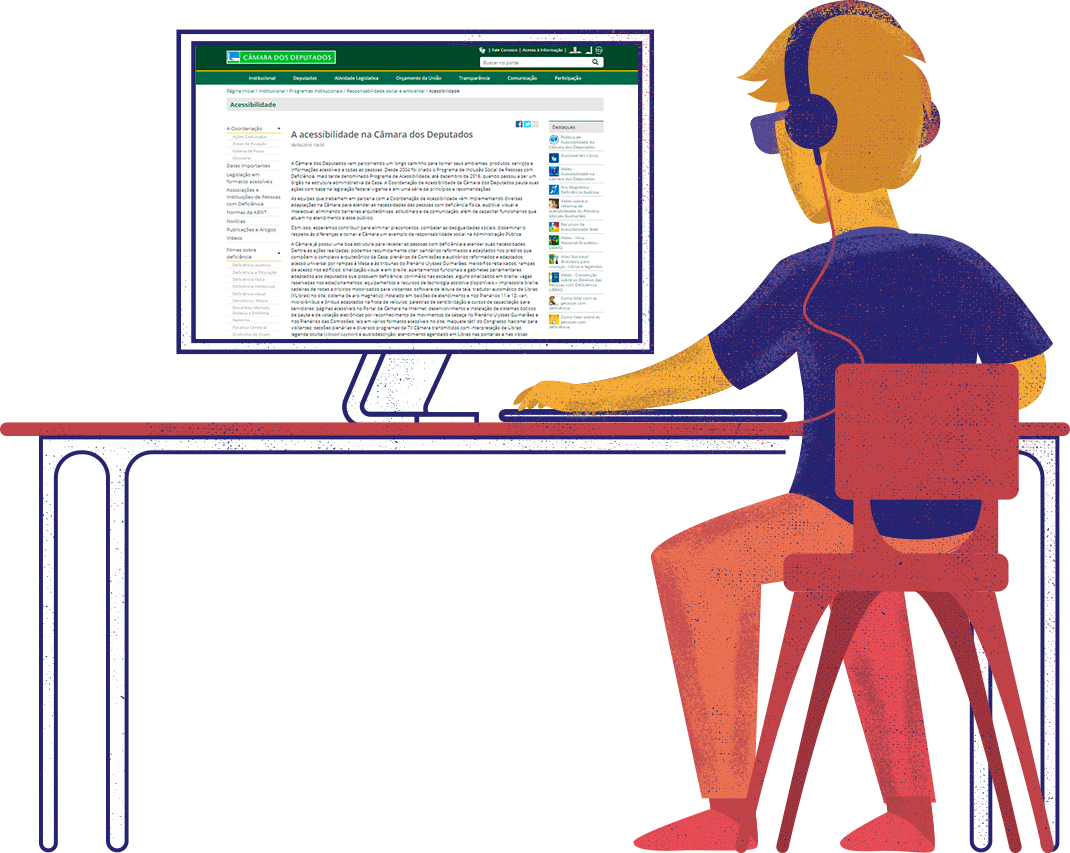 Homem cego em um computador com fones de ouvido navegando pela página da Coordenação de Acessibilidade no site da Câmara dos Deputados.
